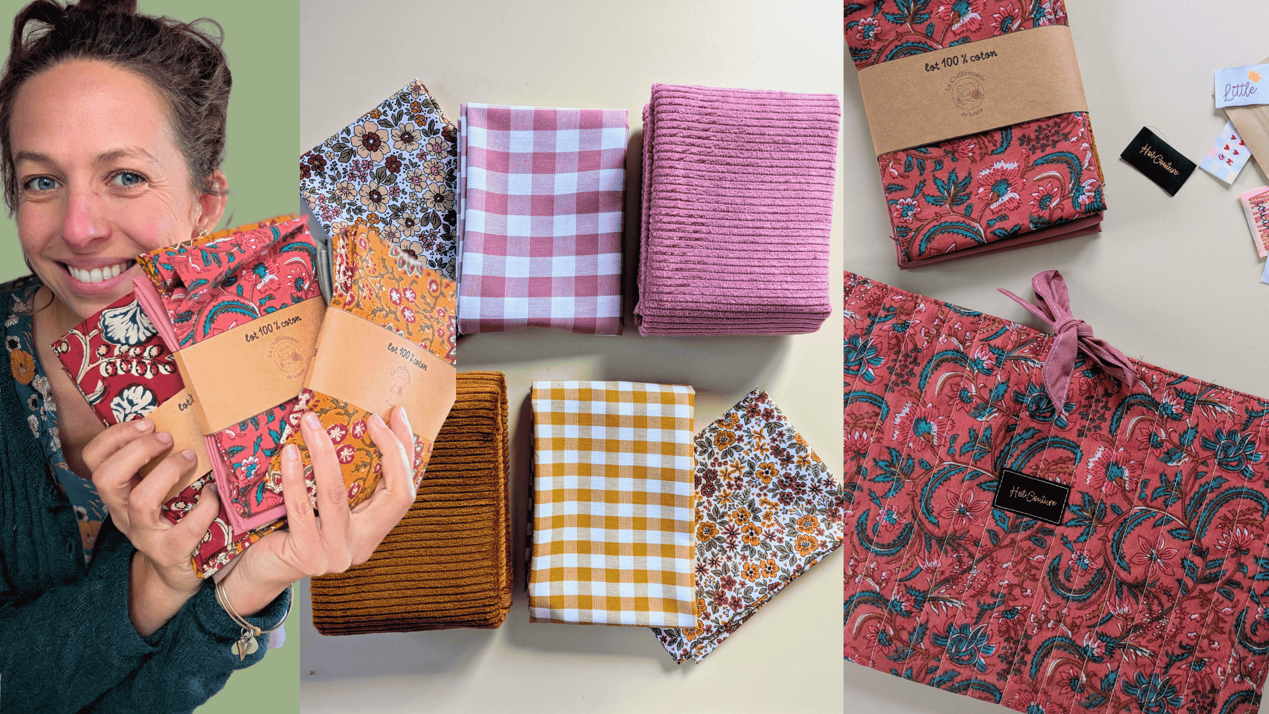 tissu rose à motif indien, femme tenant des coupons de tissus colorés à la main