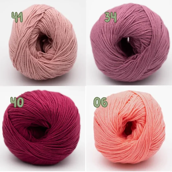 Nuancier de fil coton bio Alba de BC Garn avec les coloris rose poudré, vieux rose, fuchsia et corail.