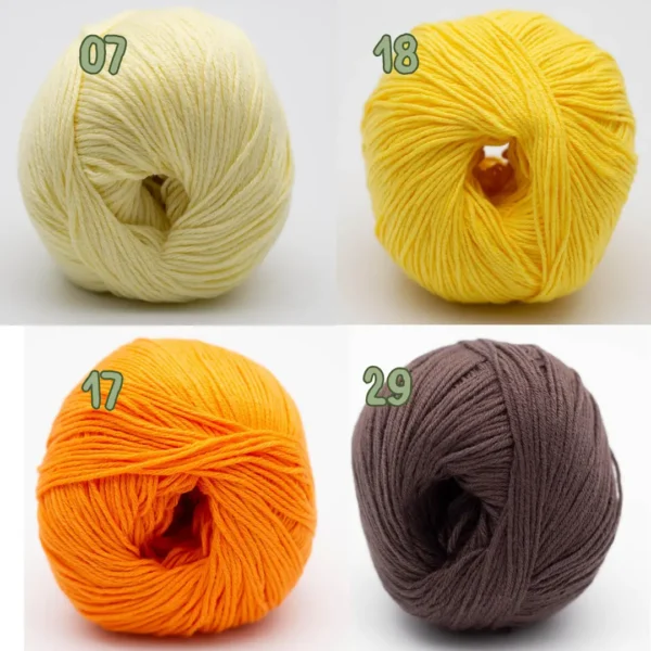 Nuancier de fil coton bio Alba de BC Garn avec les coloris écru, jaune vif, orange et brun taupe.