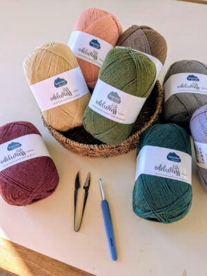 laine à chaussette à crocheter ou à tricoter dans une panière avec un crochet des ciseaux