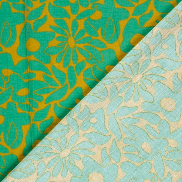envers du tissu double gaze de coton motif fleur vert citron