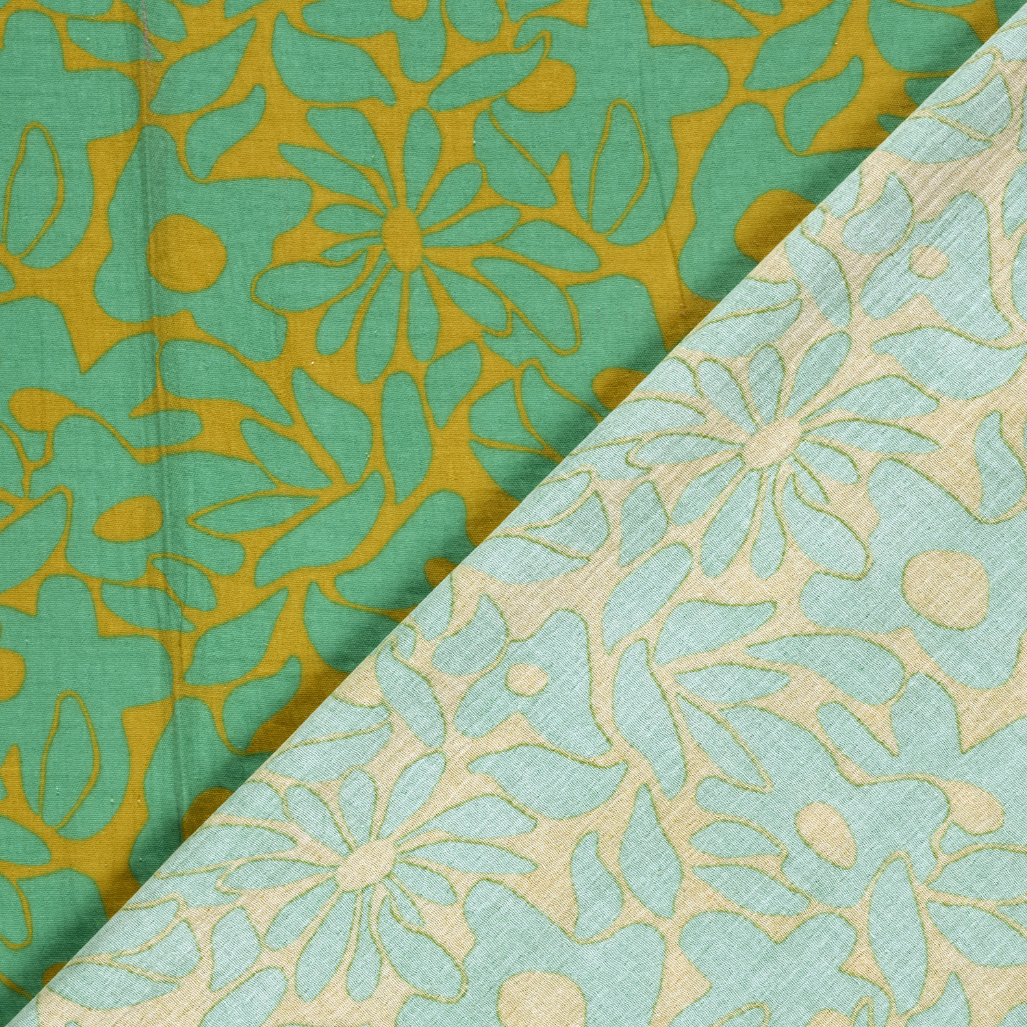 envers du tissu double gaze de coton motif fleur vert citron