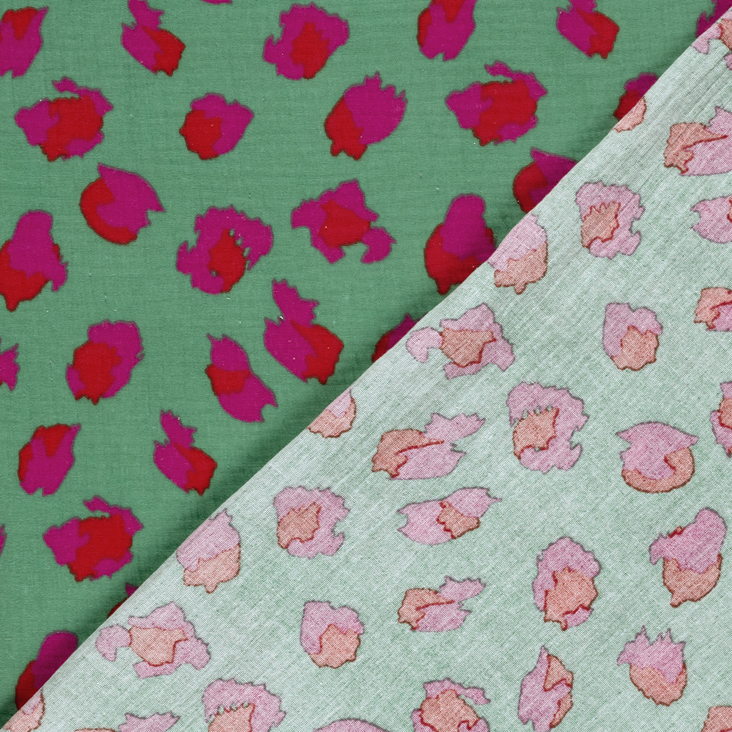 envers du tissu double gaze de coton motif vert léopard