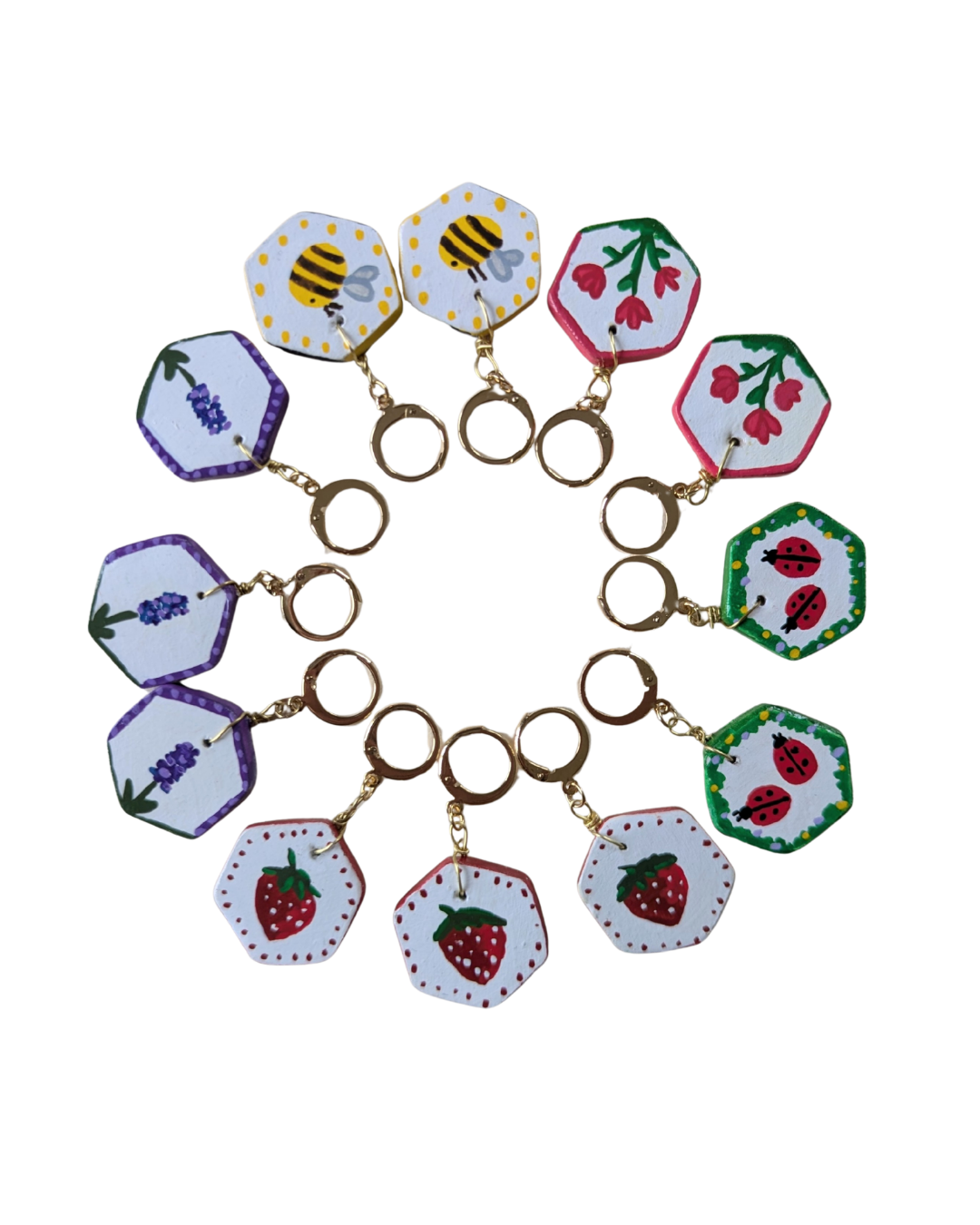 marqueurs crochet tricot pour les repérer les mailles collection vive le printemps motifs : fleurs, abeilles, coccinelles, fraises