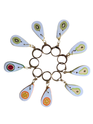 marqueurs de mailles pour le tricot ou le crochet en forme de goutte et motif de tranches de fruits.