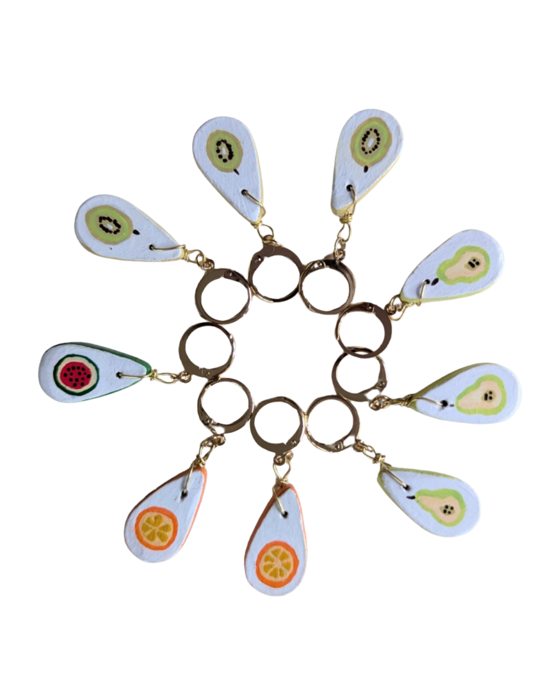 marqueurs de mailles pour le tricot ou le crochet en forme de goutte et motif de tranches de fruits.