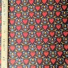 Tissu coton Danyl à grands cœurs orange-rouge, petites fleurs bleu turquoise et feuillages moutarde sur fond chocolat, imprimé rétro années 70.